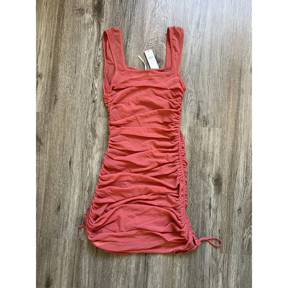 Anthropologie Sheer Mesh Cover Up Dress Womens Rose Knit Ruched Tie Size Small